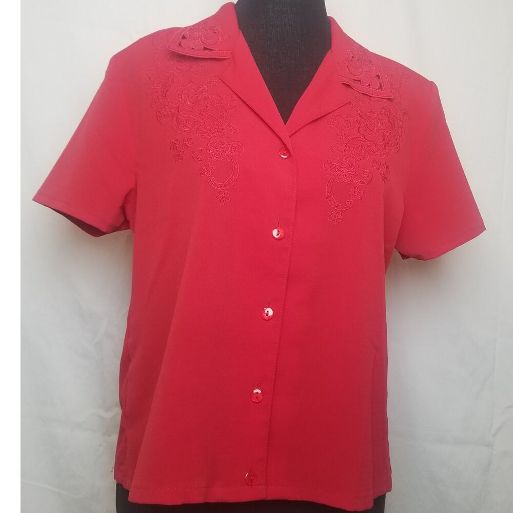 VTG-Alison Daley Red Button up Floral Embroidered Cut Out Short Sleeves Size 10